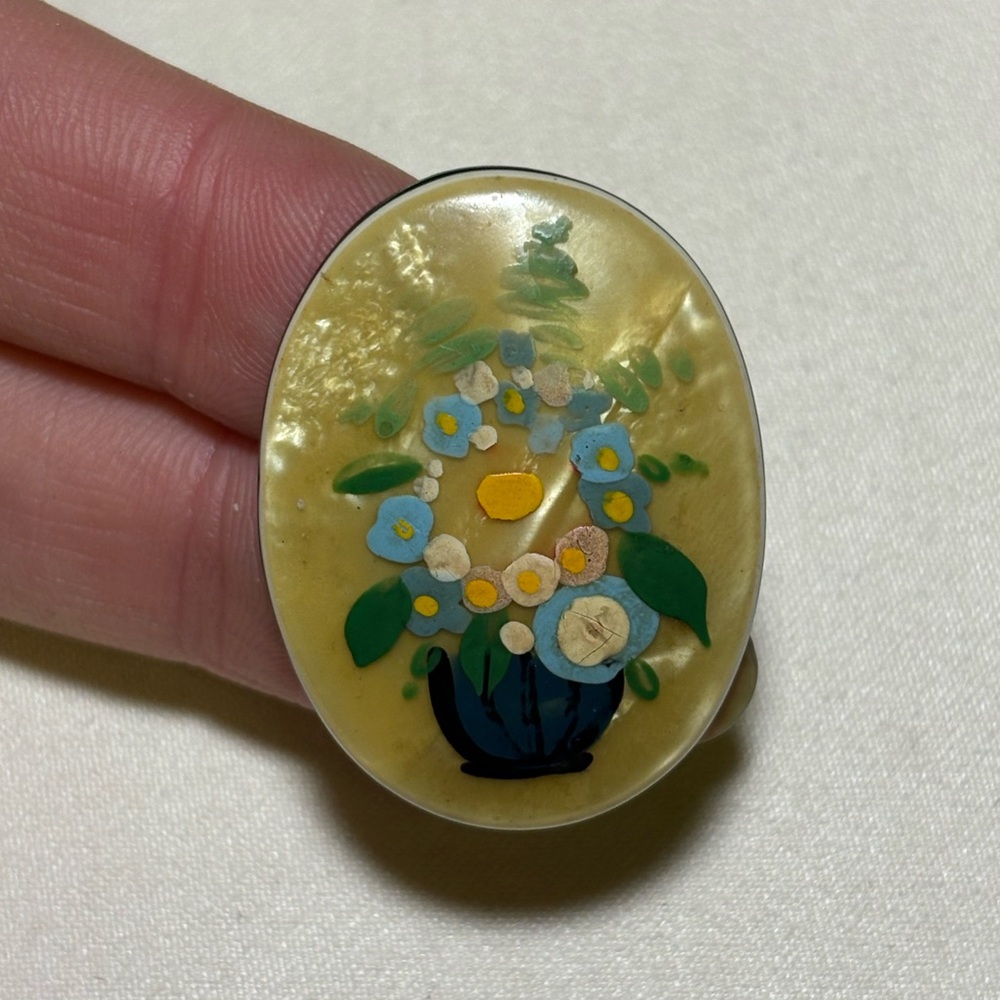 Vintage Hand Painted Flower Bouquet Celluloid Brooch